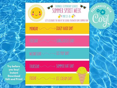 Summer Spirit Week Flyer Printable School Activity Schedule Etsy