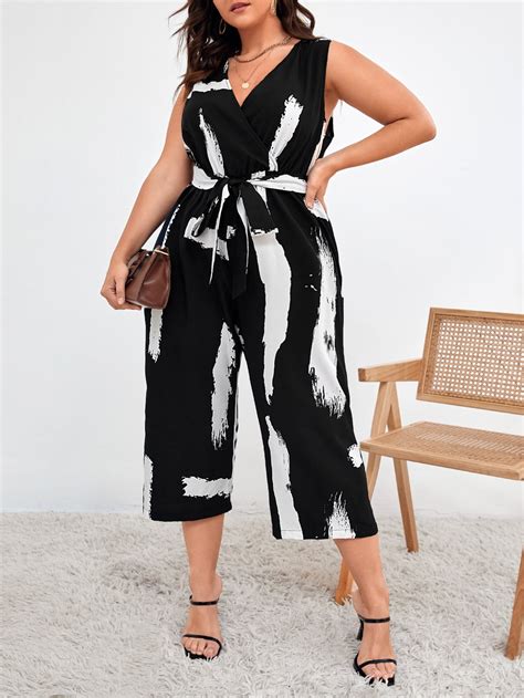 Shein Clasi Plus Brush Print Belted Jumpsuit Shein Uk