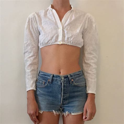 70s Super Short Crop Top Peasant Blouse White Cotton With Puff Sleeves Crop Top And Shorts