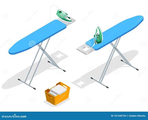 Isometric Iron Ironing Board And Laundry Basketf Flat Style Vector