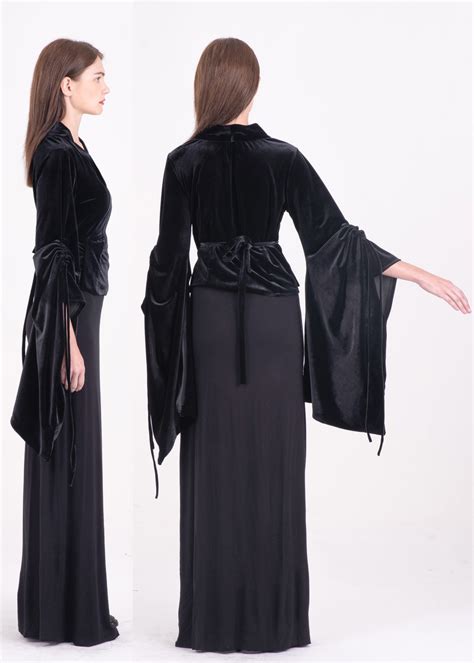 Tie Detailed Billowing Sleeves Top In Black Velvet Shades Of Silence