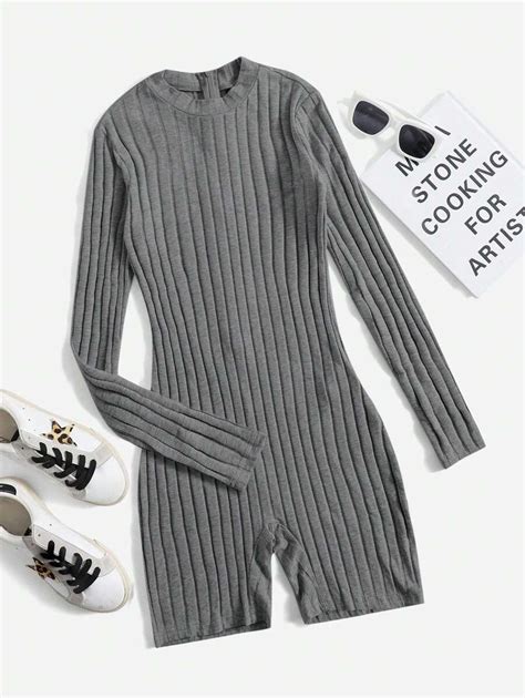 Shein Ezwear Mock Neck Ribbed Knit Romper Shein Uk