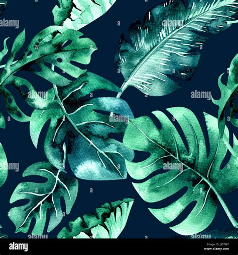 Seamless Watercolor Pattern Of Tropical Leaves Dense Jungle Ha Stock