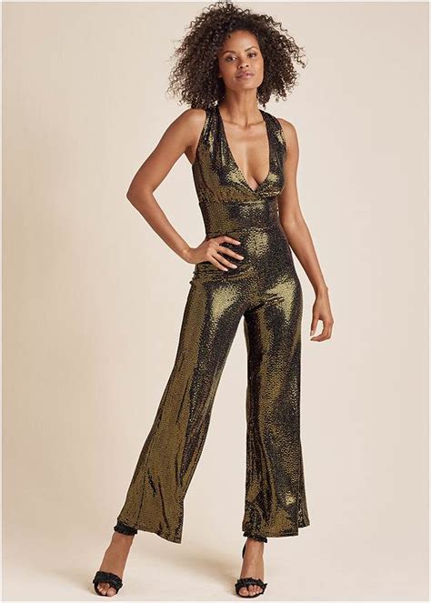 Wide Leg Shimmer Jumpsuit In Black And Gold Venus