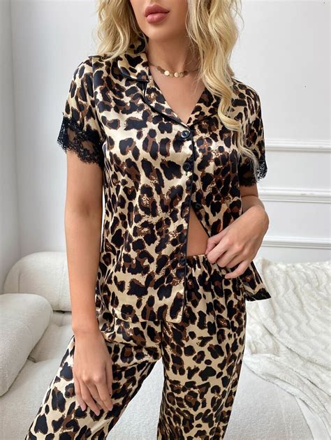 Leopard Print Lace Trim Satin Pj Set Shein Usa