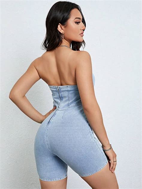 Shein Essnce Solid Tube Denim Romper Shein Usa