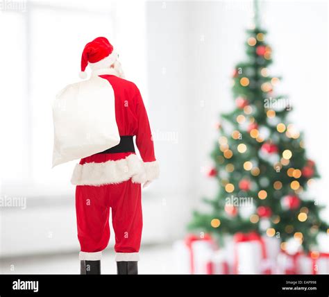 Man In Costume Of Santa Claus With Bag Stock Photo Alamy