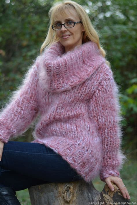 Mohair Sweater Chunky Hand Knitted Cowlneck Jumper In Pink Cl8