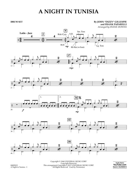 Diane Downs A Night In Tunisia Drum Set Sheet Music Pdf Notes Chords Jazz Score Concert