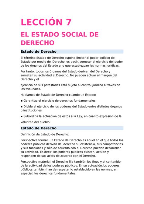 Lección 7 Resumen Introducción Al Derecho LecciÓn 7 El Estado Social De Derecho Estado De