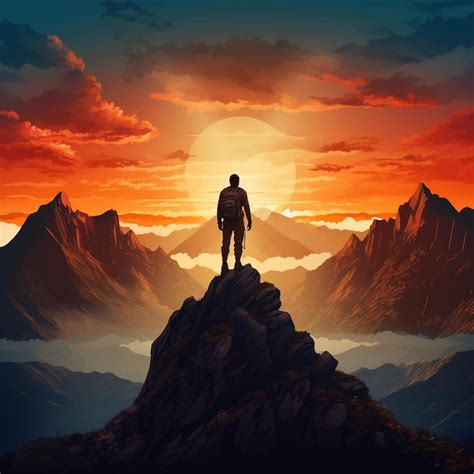 Premium Photo Man Standing On A Mountain Top Looking At The Sunset