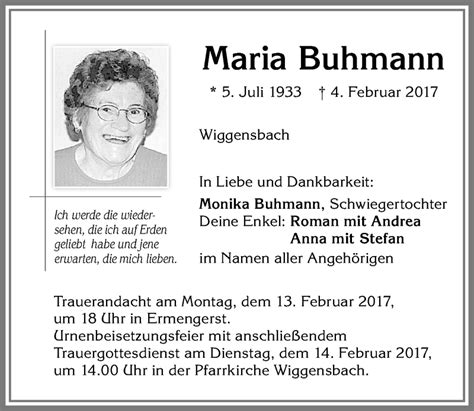 Traueranzeigen Von Maria Buhmann Augsburger Allgemeine Zeitung