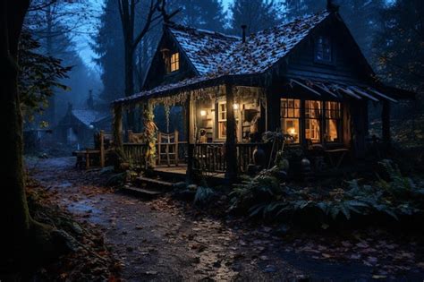 Premium Photo Rustic Cabin Nestled In A Moonlit Forest