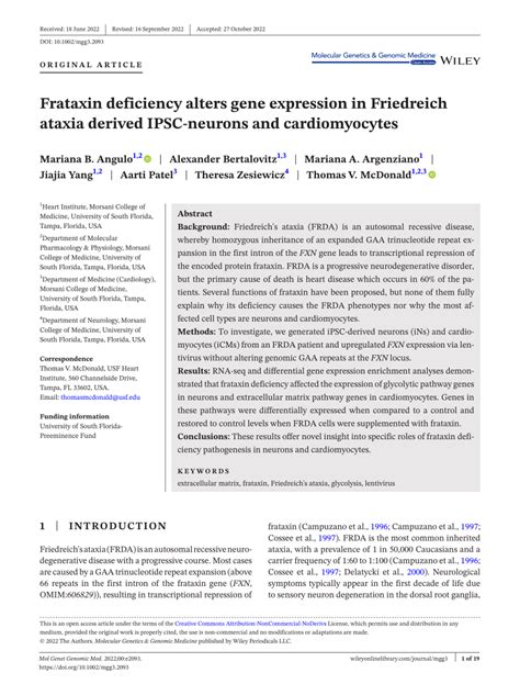 Pdf Frataxin Deficiency Alters Gene Expression In Friedreich Ataxia