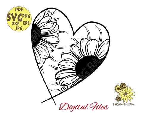 Heart With Sunflowers Svg Sunflower Svg Botanical Heart Svg Etsy