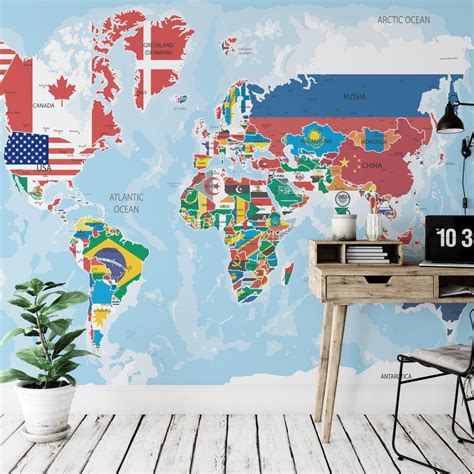 Countries Map and Flags Wallpaper World Map Removable | Etsy