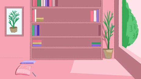 Pink Study Room Shelf Green Plant Cartoon Background, Pink, Study ...