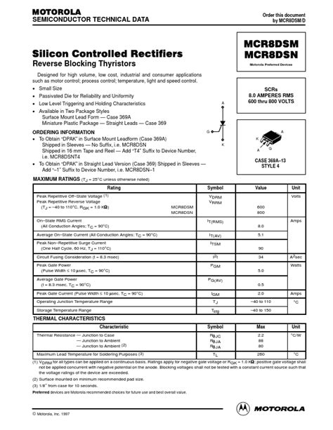 Mcr Dsn Datasheet Silicon Controlled Rectifiers