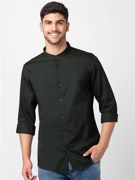 Buy Online Spykar Men Bottle Green Cotton Slim Fit Plain Shirt Spykar