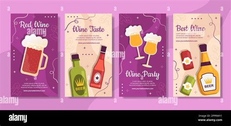 Wine Party Social Media Stories Template Flat Cartoon Background Vector