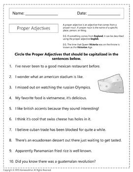 Proper Adjectives Worksheets By Homework Hut Tpt