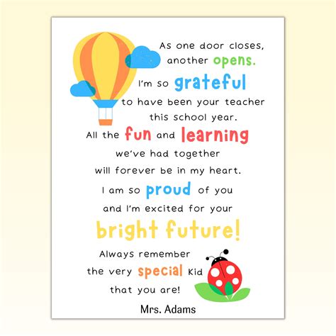 Carta imprimible de fin de año escolar para estudiantes, regalo de