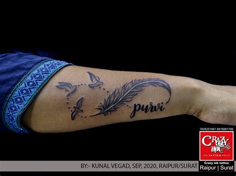 Infinity and Purvi Name Tattoo Design with Bird