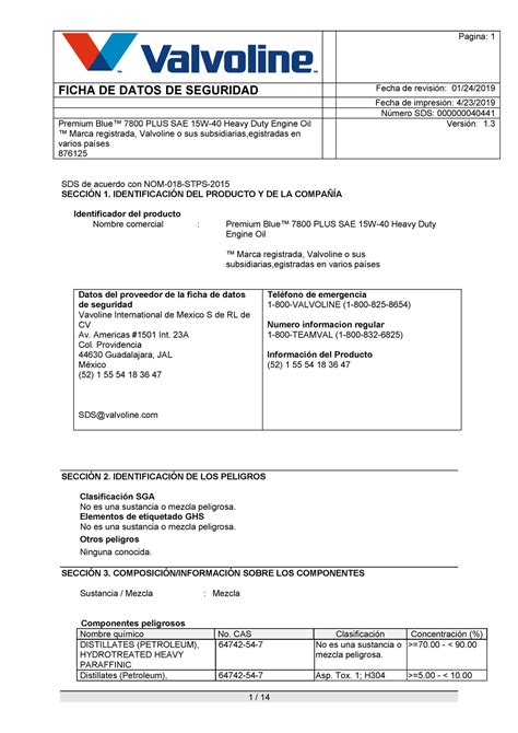 Valvoline Premium Blue Plus W Hojas Msds Ficha De Datos De