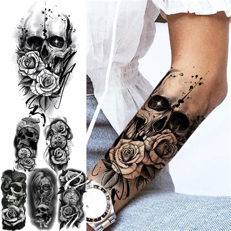 Skull And Roses Half Sleeve Tattoos