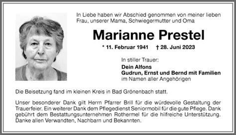 Traueranzeigen von Marianne Prestel Allgäuer Zeitung