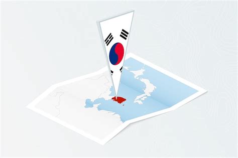 Isometrische Papierkarte S Dkoreas Mit Dreieckiger Flagge S Dkoreas Im