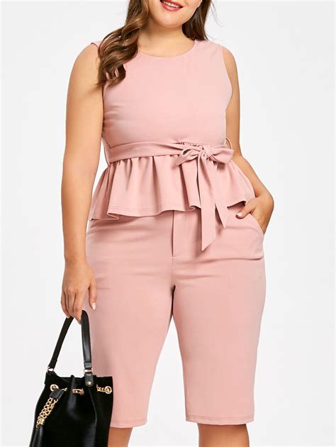 [48 Off] Plus Size Tie Belt Peplum Top With Knee Length Shorts Rosegal