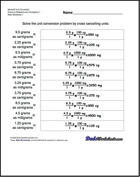 Math Unit Conversion Worksheets Metric Units