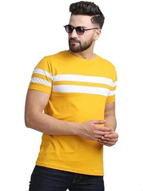 Striped Round Neck Men Yellow Poly Cotton T Shirt Medium At Best Price