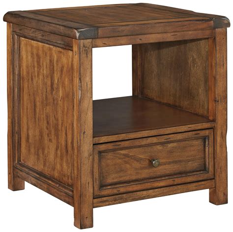 Ashley Signature Design Tamonie T830 2 Rustic Square End Table With Shelf And Drawer Dunk