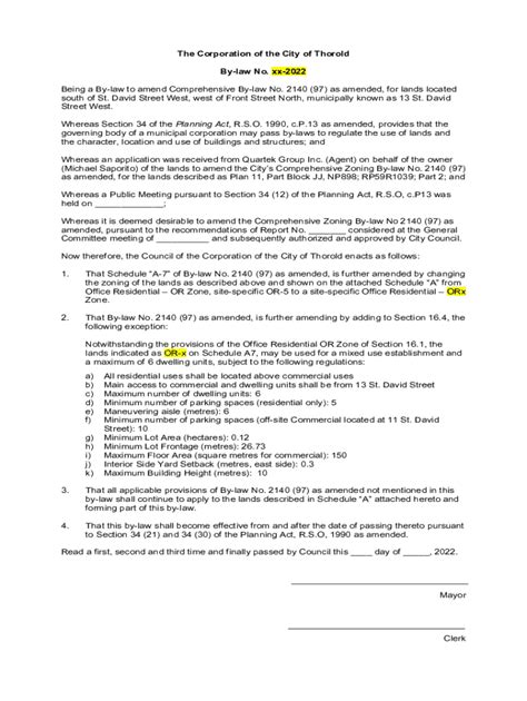 Fillable Online Being A By Law To Amend Comprehensive Zoning By