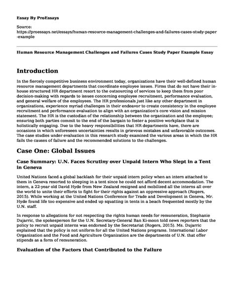 Human Resource Management Challenges And Failures Cases Study Paper