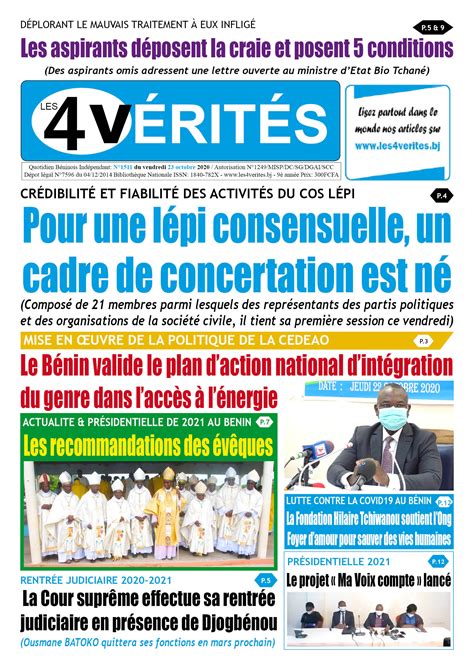 la une du vendredi 23 octobre 2020 du journal les 4 vérités Les 4 VERITES