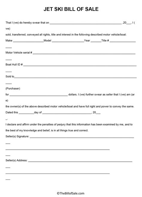 Jet Ski Bill Of Sale Form Template Printable In PDF