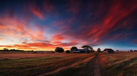 A beautiful sunset over a farm with a beautiful sunset sky. | Premium AI-generated image