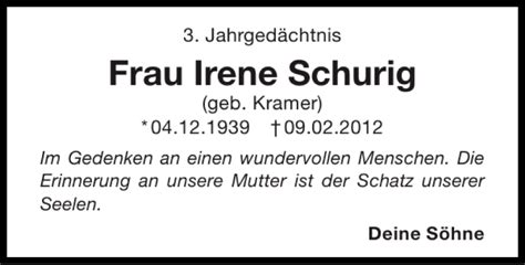 Traueranzeigen Von Frau Irene Schurig Aachen Gedenkt