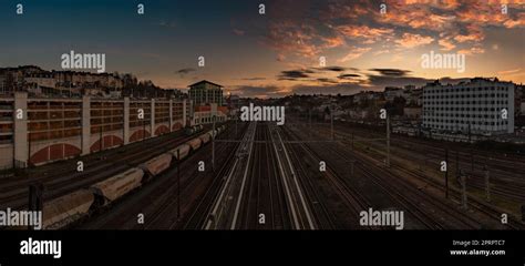 A panorama picture of the sunset over Poitier's train station Stock ...