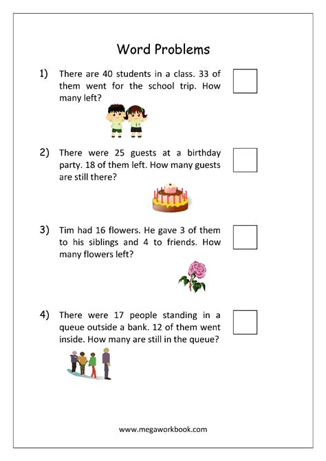 Simple Subtraction Word Problems Worksheets