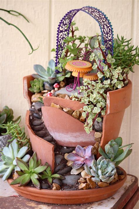 Made A Fairy Succulent Garden Patio Area With A Broken Pot