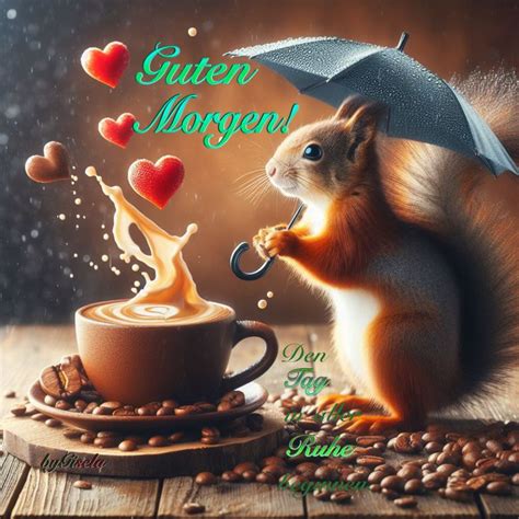 A Squirrel Holding An Umbrella Next To A Cup Of Coffee With Hearts