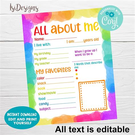 All About Me Editable Yearly Worksheet All About Me Questionnaire First Day Of School About Me