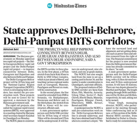 State Approves Delhi Behrore Delhi Panipat RRTS Corridors Hindustan