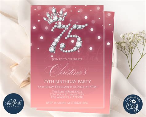 75th Birthday Invitation Template Editable Rose Gold And Etsy Canada