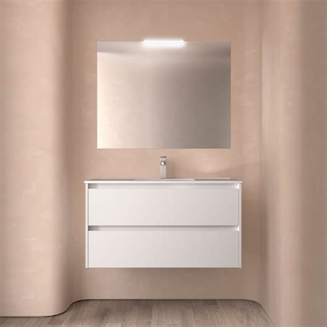 Meuble Salle De Bain NOJA 1000 2 Tiroirs WHITE SATIN Vasque Miroir