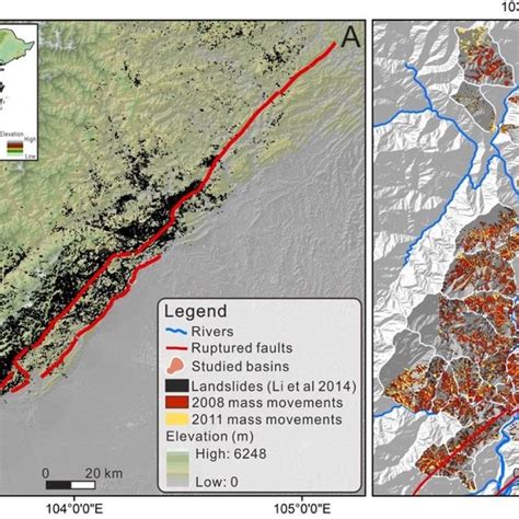 A) The surface rupture of the earthquake in red with the landslides in ...